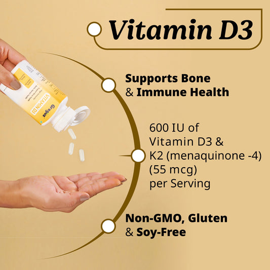 GREGUS Vitamin D3(600IU) + K2(55mcg) Supplement - Essential for Strong Bones and Cardiovascular Support.