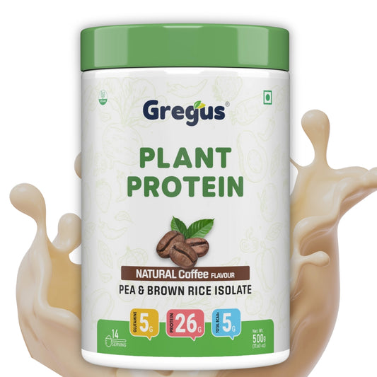 Gregus vegan plant based protein for Women and Men I Muscle recovery, Pea and Brown Rice Isolate, 26gm protein,5gm Glutamine,5gm BCAA for lean Muscle. (Coffee, 500gm)