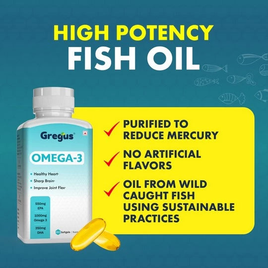 GREGUS High-Potency Omega-3 Fish Oil: 550mg EPA, 350mg DHA, Total 1000mg - Essential for Heart and Brain Health.(Omega3 Fish Oil (60 Soft Gel))