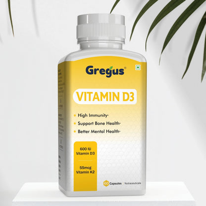 GREGUS Vitamin D3(600IU) + K2(55mcg) Supplement - Essential for Strong Bones and Cardiovascular Support.