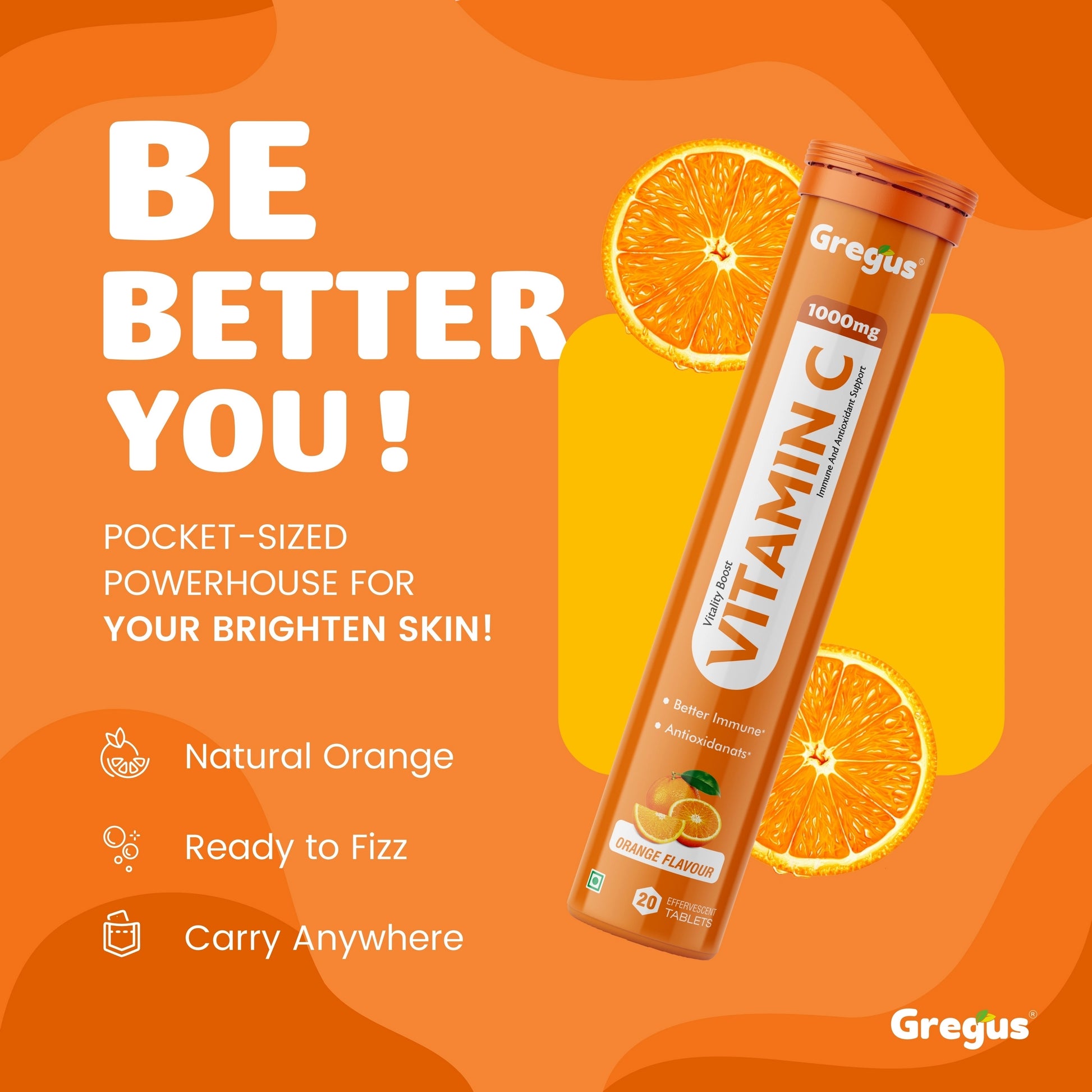 Vitamin C supplement bottle with oranges on an orange background, featuring Gregus brand.