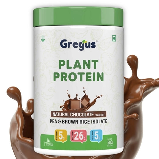 Gregus vegan plant based protein for Women and Men I Muscle recovery, Pea and Brown Rice Isolate, 26gm protein,5gm Glutamine,5gm BCAA for lean Muscle. (Chocolate, 500gm)