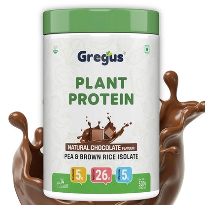 Gregus vegan plant based protein for Women and Men I Muscle recovery, Pea and Brown Rice Isolate, 26gm protein,5gm Glutamine,5gm BCAA for lean Muscle. (Chocolate, 500gm)