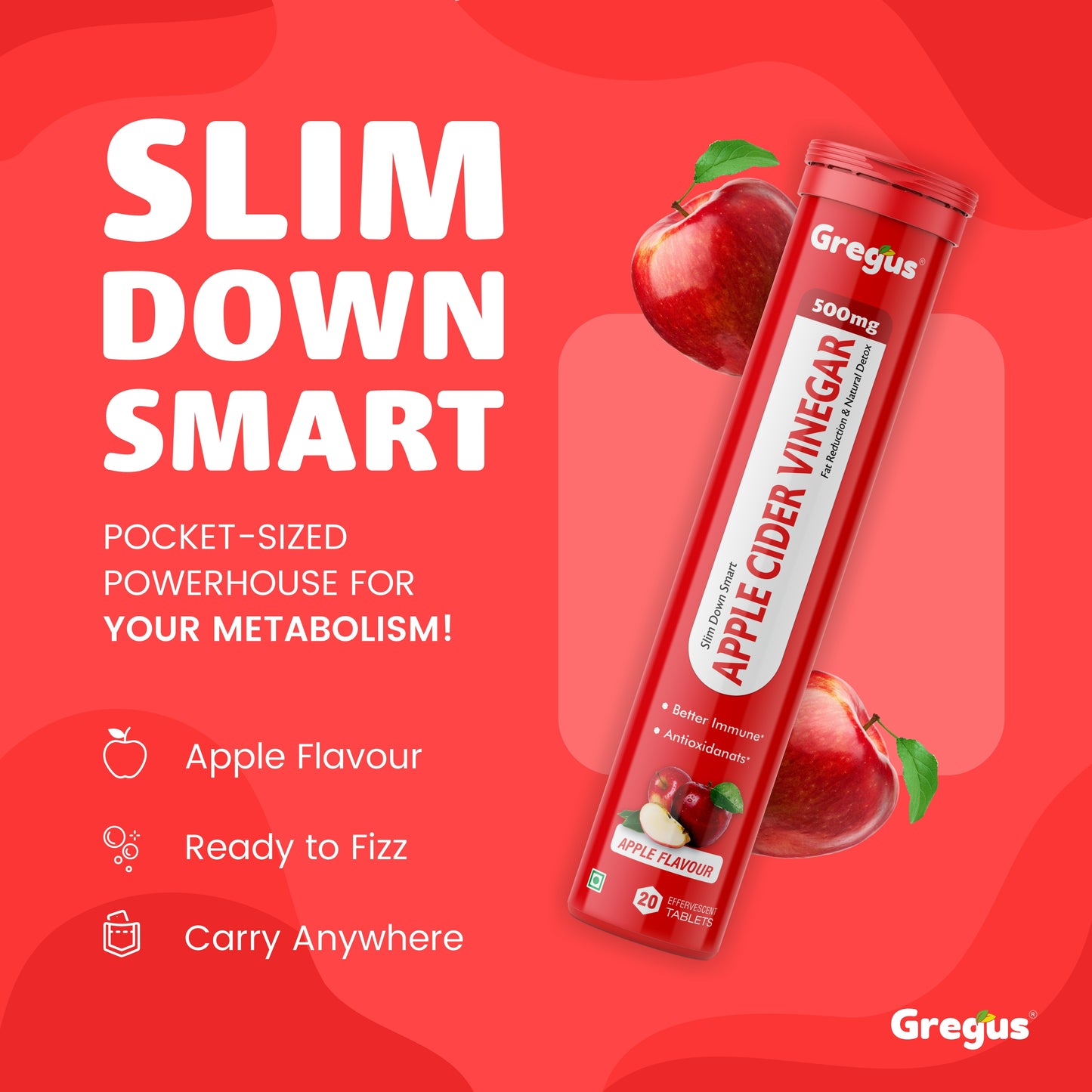 Effervescent Apple Cider Vinegar Tablets with Pomegranate and Apple Extracts: Natural Weight Loss Aid - Boost Metabolism and Support Healthy Digestion.