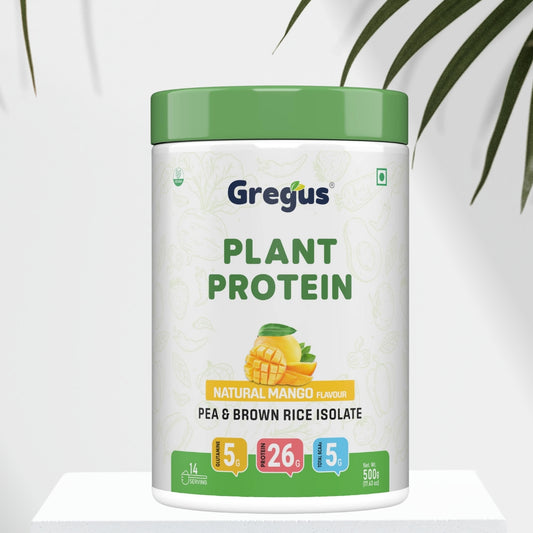 Gregus vegan plant based protein for Women and Men I Muscle recovery, Pea and Brown Rice Isolate, 26gm protein,5gm Glutamine,5gm BCAA for lean Muscle. (Mango, 500gm)