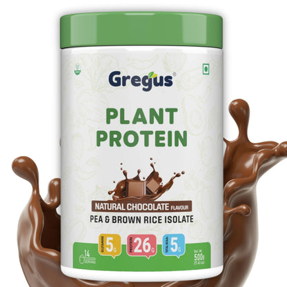 Gregus vegan plant based protein for Women and Men I Muscle recovery, Pea and Brown Rice Isolate, 26gm protein,5gm Glutamine,5gm BCAA for lean Muscle. (Chocolate, 500gm)