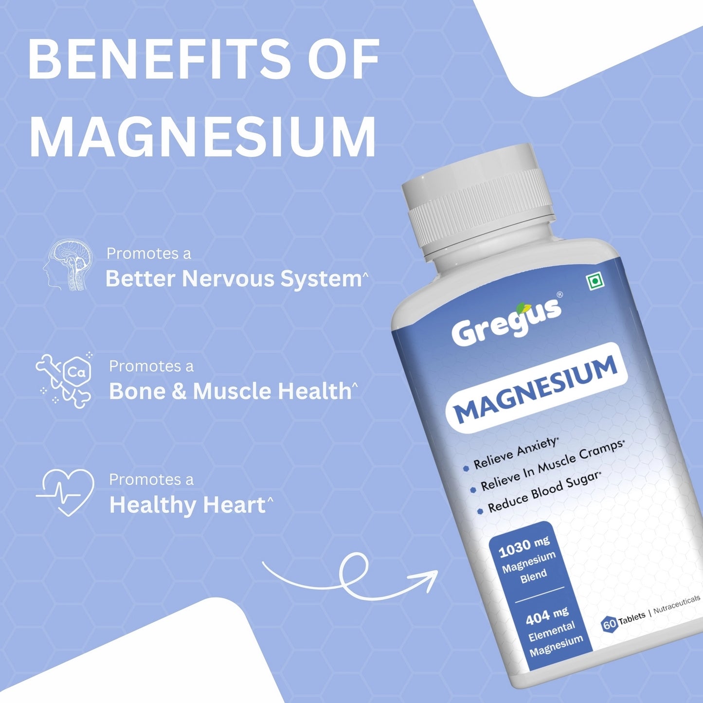 Gregus Magnesium Supplement | 1030mg Magnesium Blend | Supports Muscle Relaxation | 404 Elemental Magnesium, Magnesium Glycinate Better Sleep & Stress Relief | Helps Reduce Fatigue & Cramps | Daily Essential Mineral | 60 Tablets