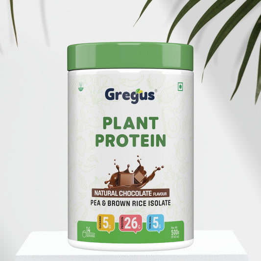 Gregus vegan plant based protein for Women and Men I Muscle recovery, Pea and Brown Rice Isolate, 26gm protein,5gm Glutamine,5gm BCAA for lean Muscle. (Chocolate, 500gm)