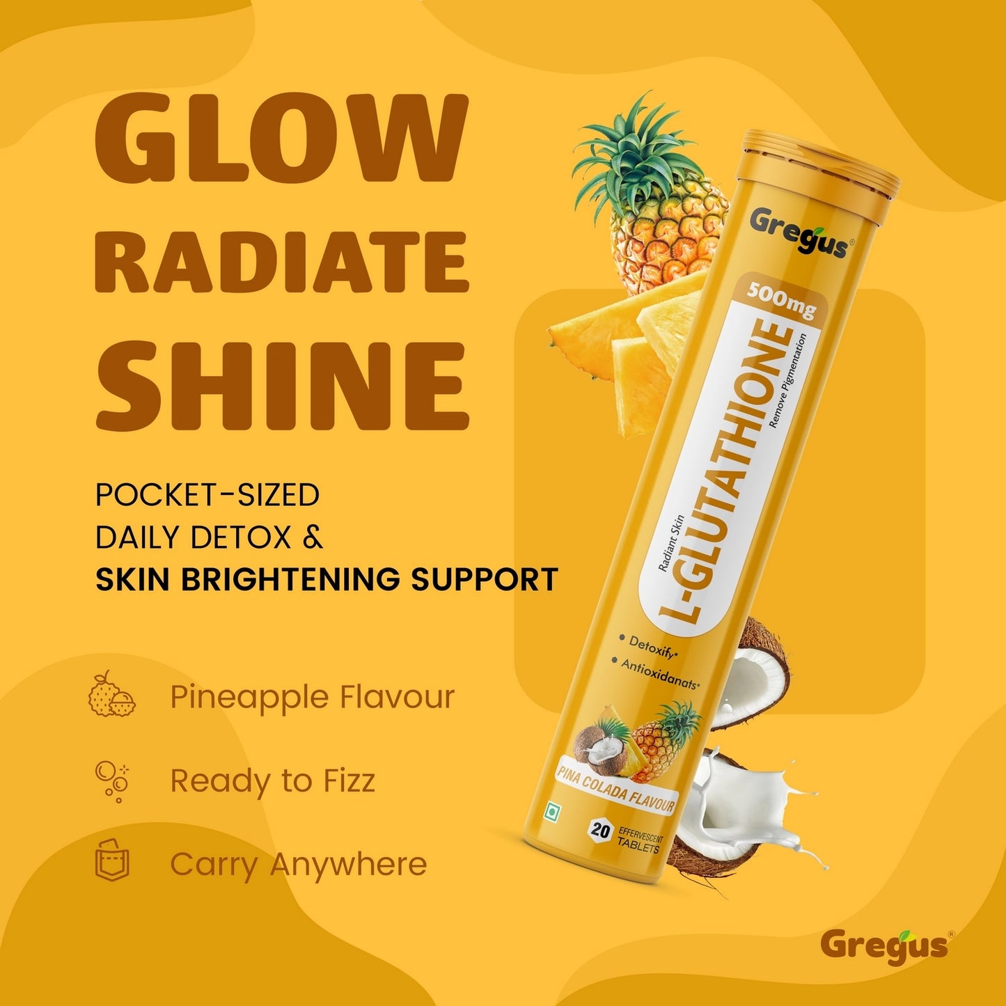 Gregus L-Glutathione Effervescent Tablets | Advanced Antioxidant for Skin Brightening & Detox | Pina Colada Flavour | 20 Tablets.