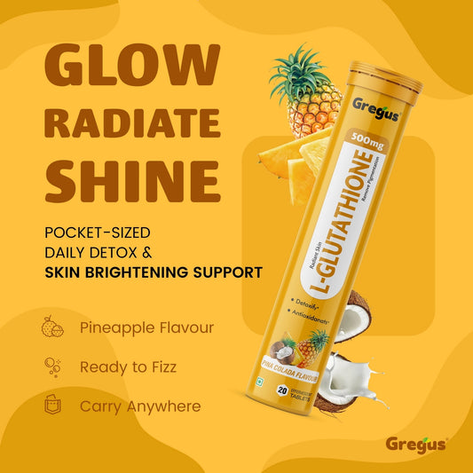Gregus L-Glutathione Effervescent Tablets | Advanced Antioxidant for Skin Brightening & Detox | Pina Colada Flavour | 20 Tablets.