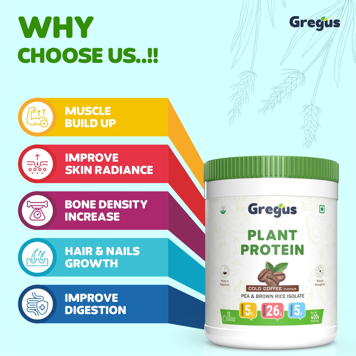 Gregus vegan plant based protein for Women and Men I Muscle recovery, Pea and Brown Rice Isolate, 26gm protein,5gm Glutamine,5gm BCAA for lean Muscle. (Coffee, 500gm)