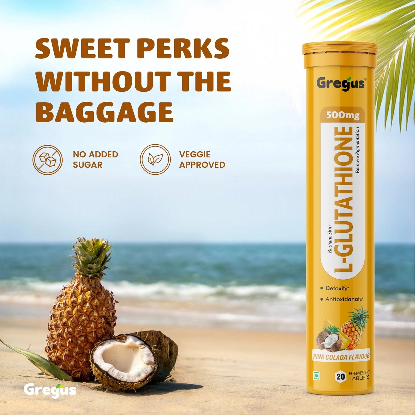 Gregus L-Glutathione Effervescent Tablets | Advanced Antioxidant for Skin Brightening & Detox | Pina Colada Flavour | 20 Tablets.