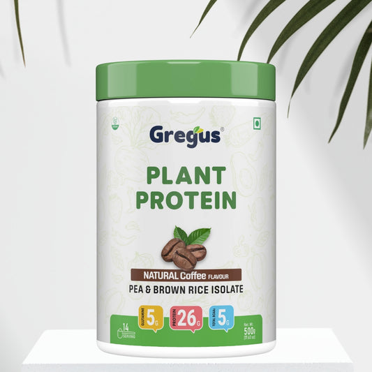 Gregus vegan plant based protein for Women and Men I Muscle recovery, Pea and Brown Rice Isolate, 26gm protein,5gm Glutamine,5gm BCAA for lean Muscle. (Coffee, 500gm)