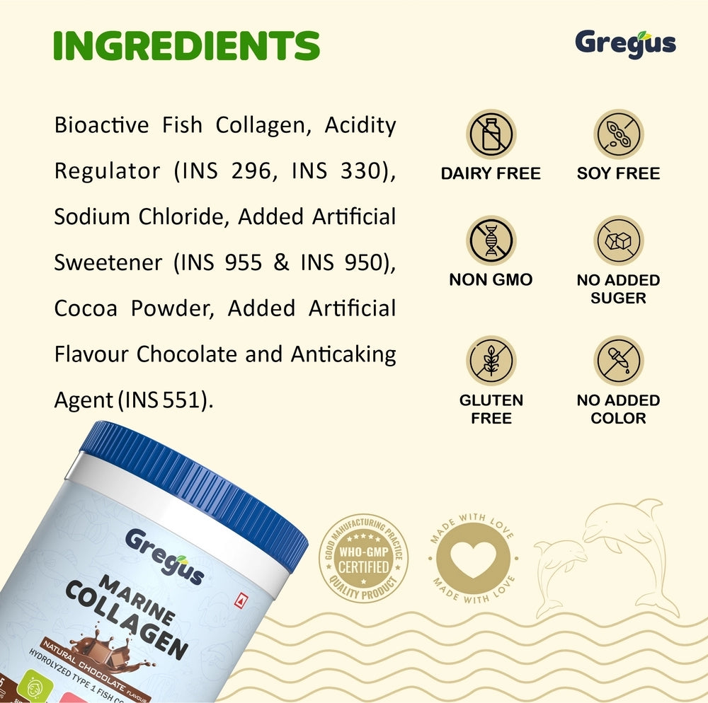 Gregus Marine Collagen powder For Women And Men | Hydrolysed Type 100% fish Isolate protein | Skin Collagen | Glowing & Brighten Skin | Chocolate (350 gm.)