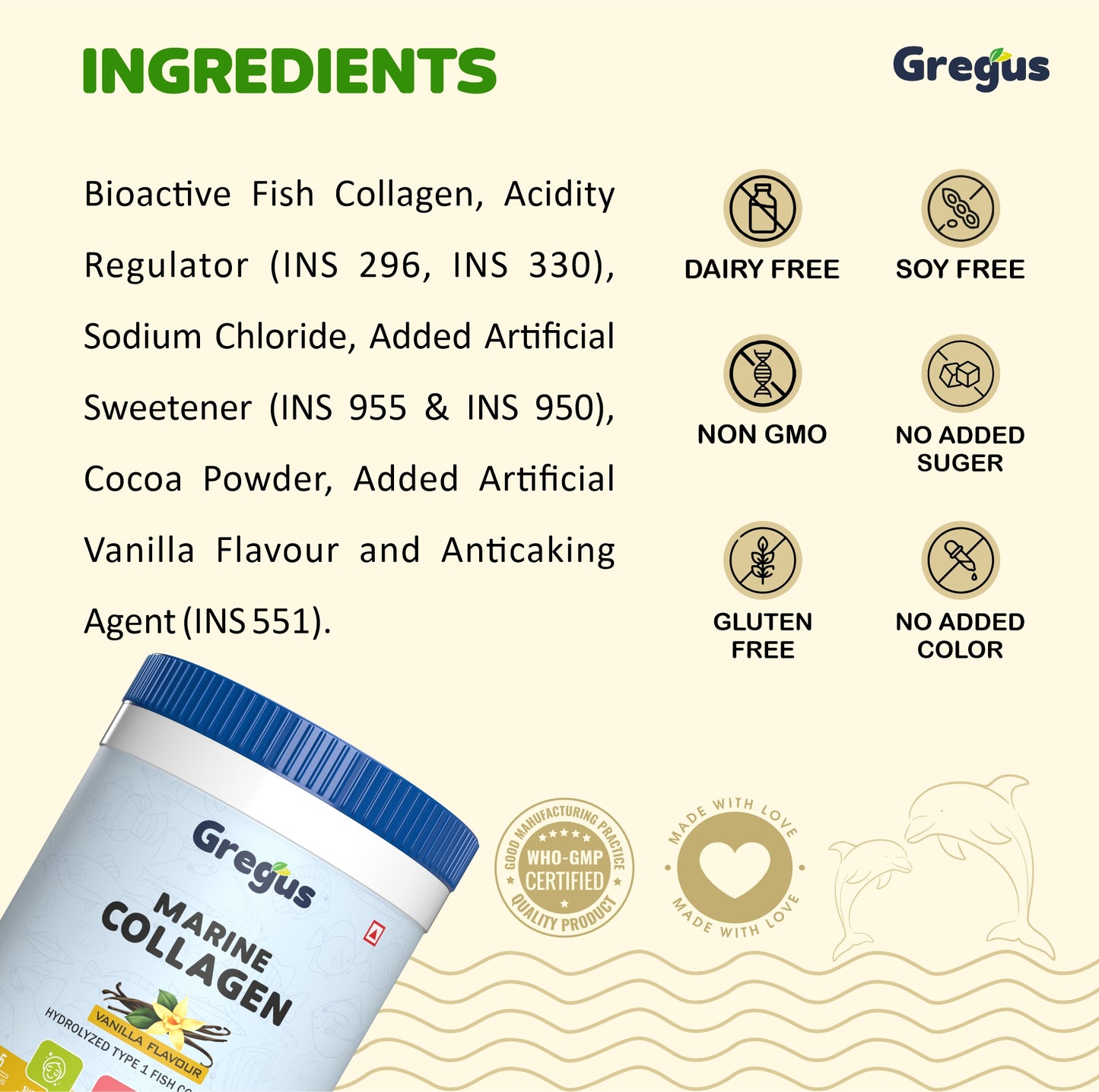 Gregus Marine Collagen powder For Women And Men | Hydrolysed Type 100% fish Isolate protein | Skin Collagen | Glowing & Brighten Skin | Vanilla (350 gm.)