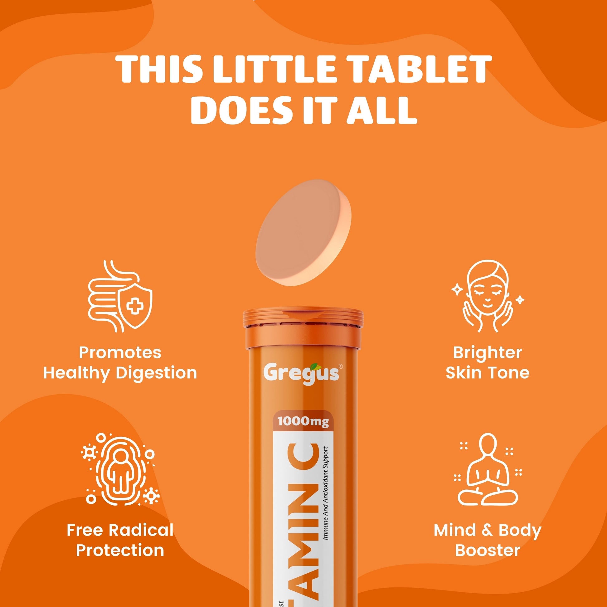 Vitamin supplement tube with benefits on an orange background
