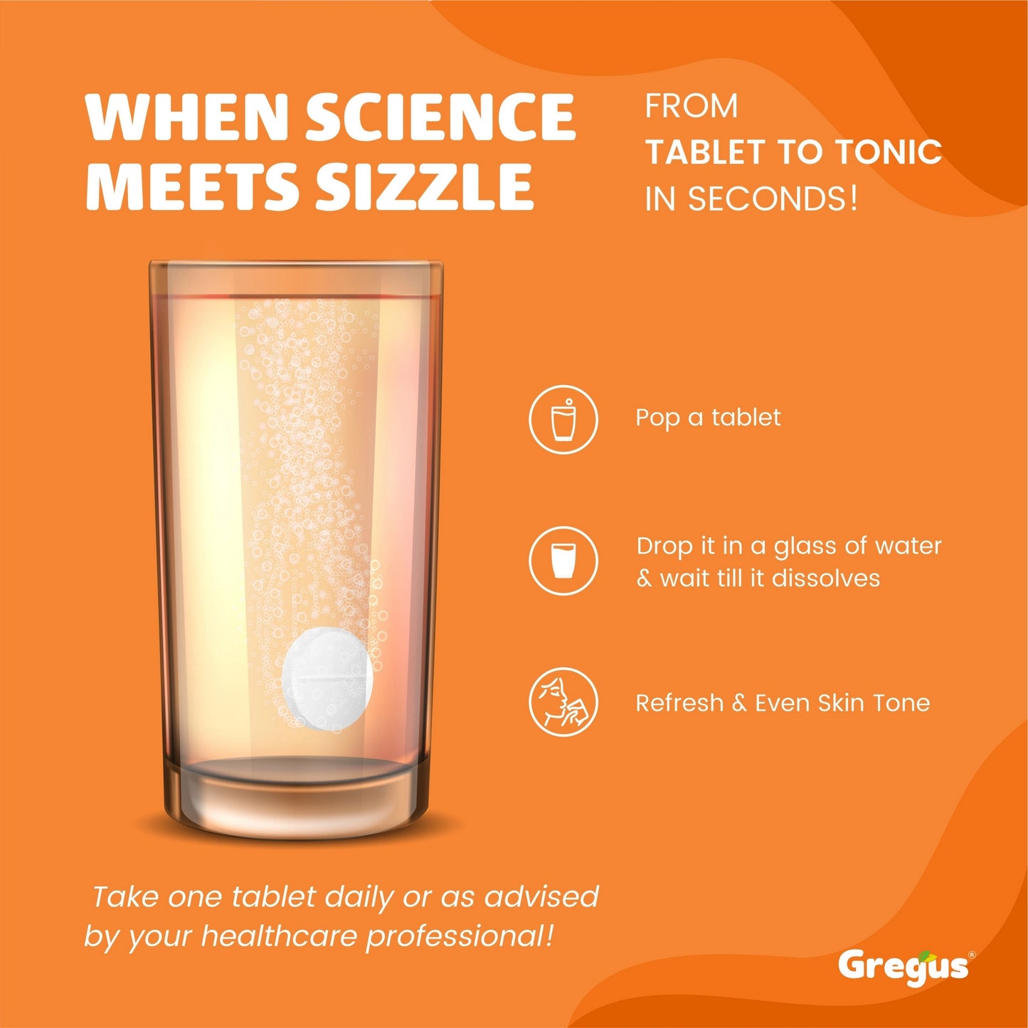 Promotional graphic for a product with a glass of liquid and tablet, on an orange background.