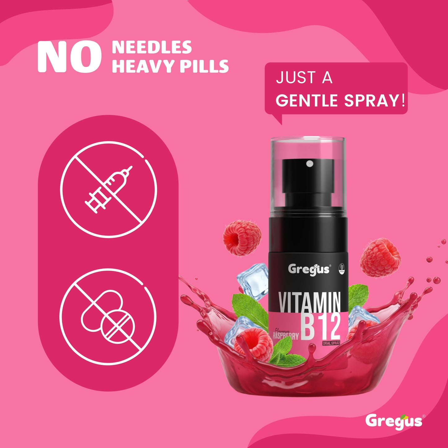 Gregus vitamin B12 Oral Spray | Natural Energy Support | Vegan & Sugar-Free | Raspberry flavour 30ml