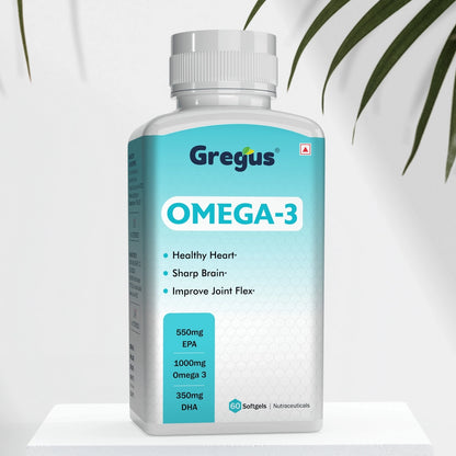 GREGUS High-Potency Omega-3 Fish Oil: 550mg EPA, 350mg DHA, Total 1000mg - Essential for Heart and Brain Health.(Omega3 Fish Oil (60 Soft Gel))