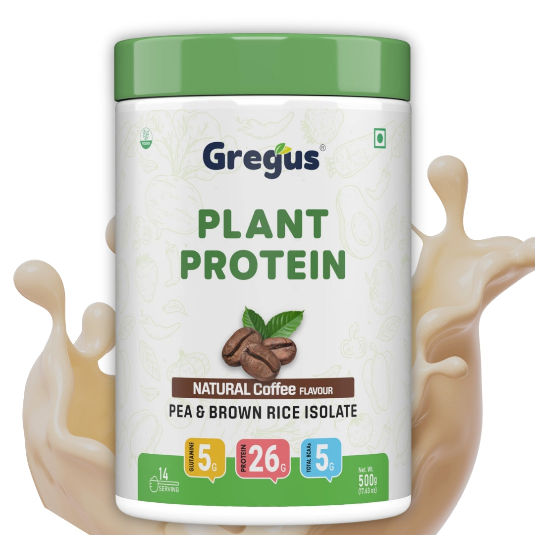 Gregus vegan plant based protein for Women and Men I Muscle recovery, Pea and Brown Rice Isolate, 26gm protein,5gm Glutamine,5gm BCAA for lean Muscle. (Coffee, 500gm)
