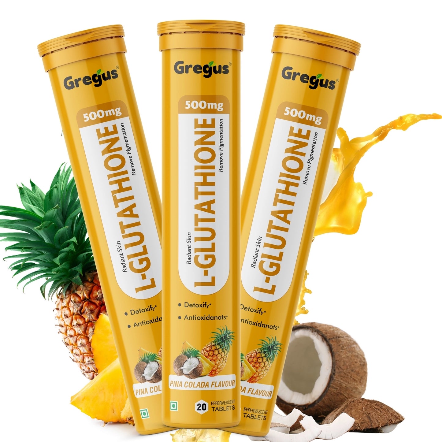 Gregus L-Glutathione Effervescent Tablets | Advanced Antioxidant for Skin Brightening & Detox | Pina Colada Flavour | 20 Tablets.