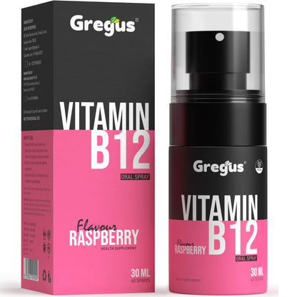 Gregus vitamin B12 Oral Spray | Natural Energy Support | Vegan & Sugar-Free | Raspberry flavour 30ml