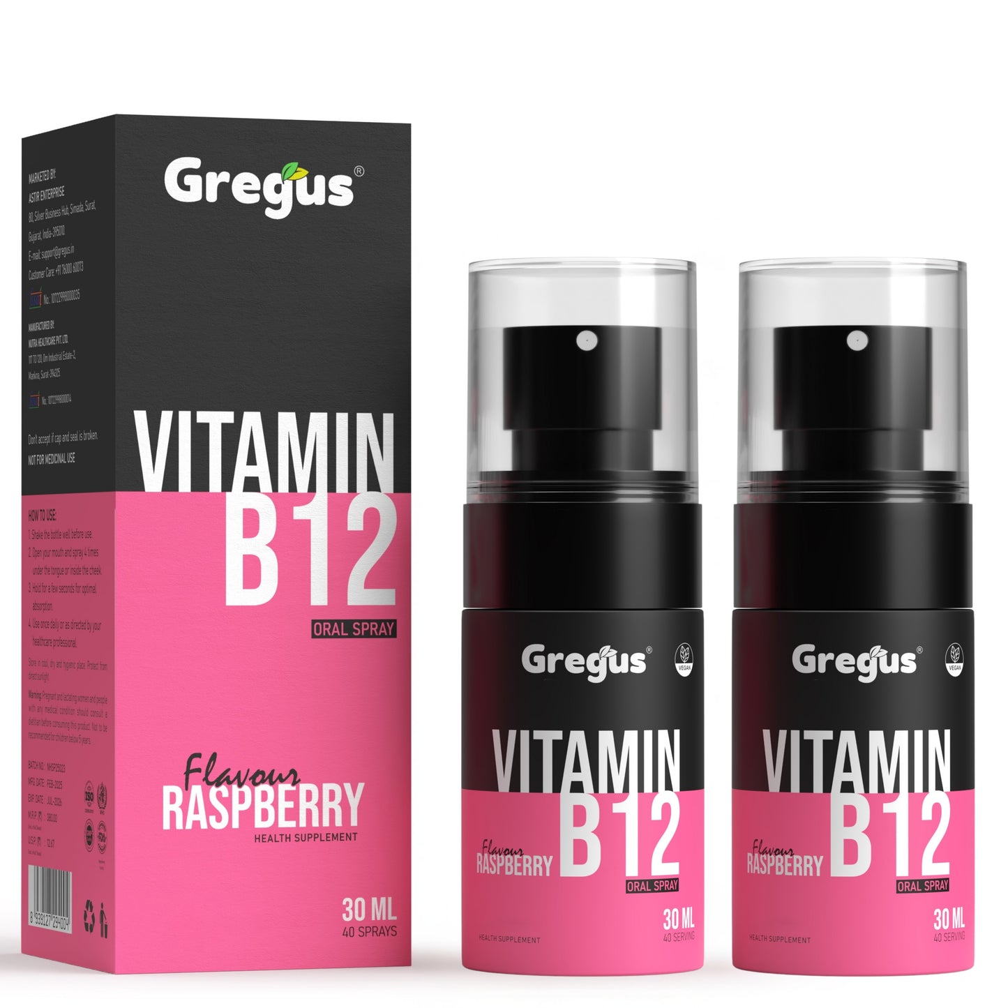 Gregus vitamin B12 Oral Spray | Natural Energy Support | Vegan & Sugar-Free | Raspberry flavour 30ml