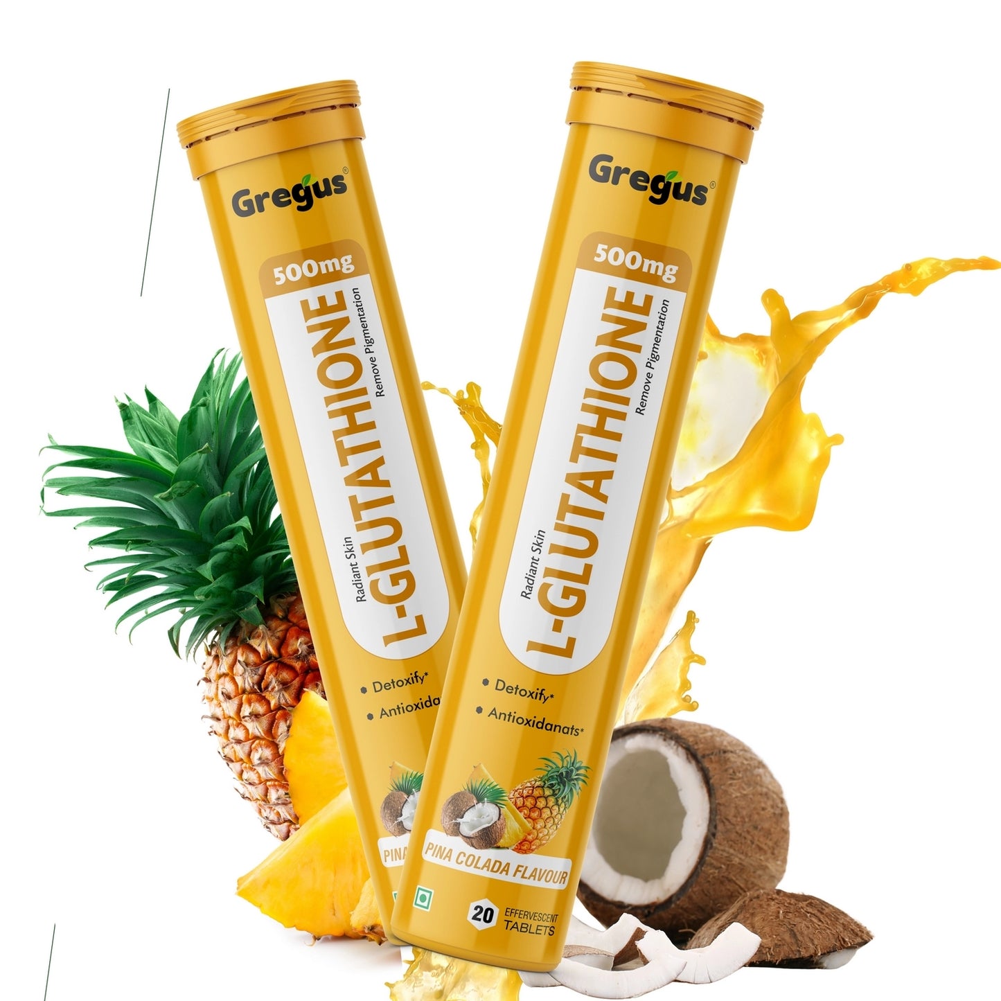 Gregus L-Glutathione Effervescent Tablets | Advanced Antioxidant for Skin Brightening & Detox | Pina Colada Flavour | 20 Tablets.