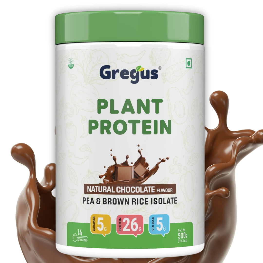 Gregus vegan plant based protein for Women and Men I Muscle recovery, Pea and Brown Rice Isolate, 26gm protein,5gm Glutamine,5gm BCAA for lean Muscle. (Mango, 500gm)
