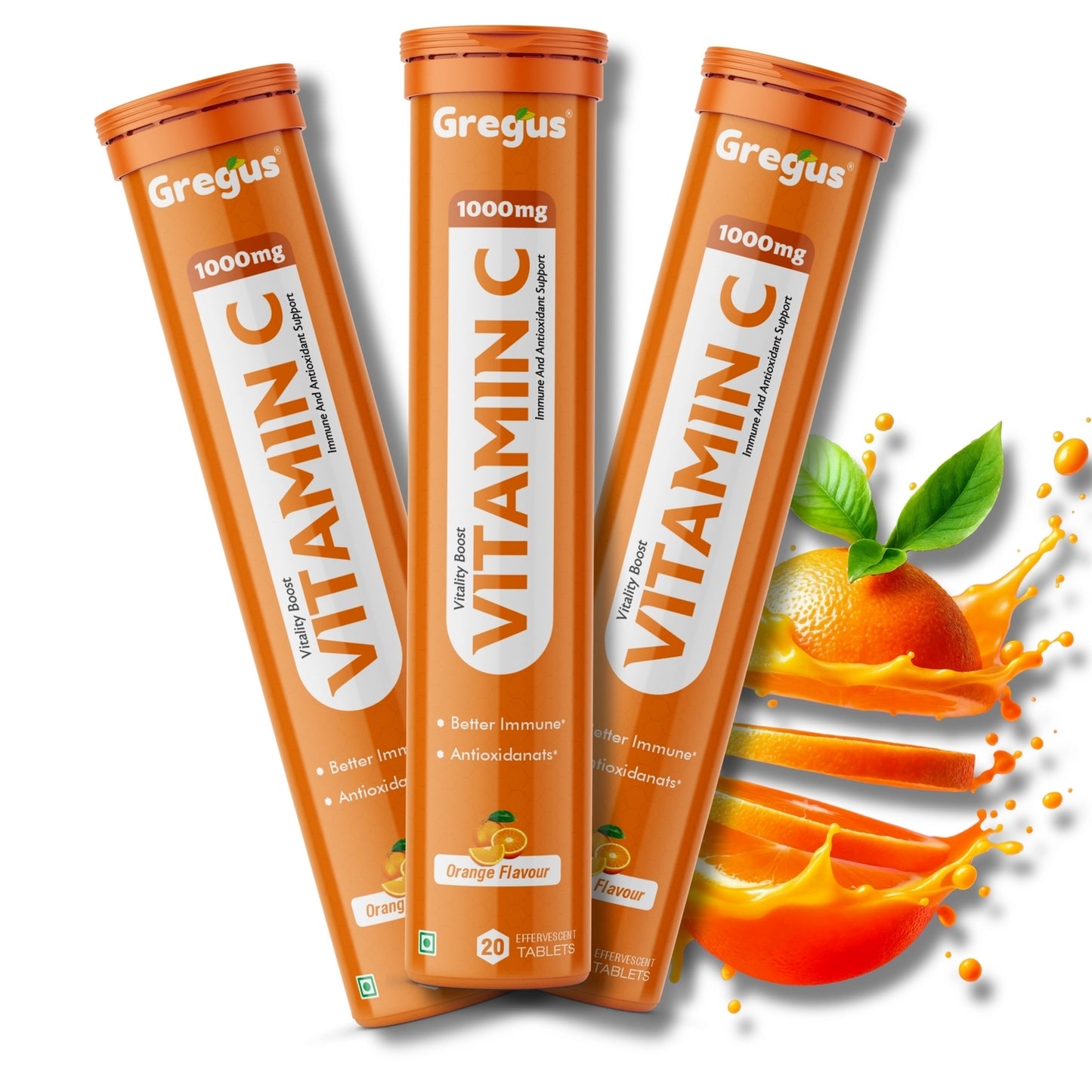 Three tubes of Gregus Vitamin C supplement with an orange and leaves on a white background