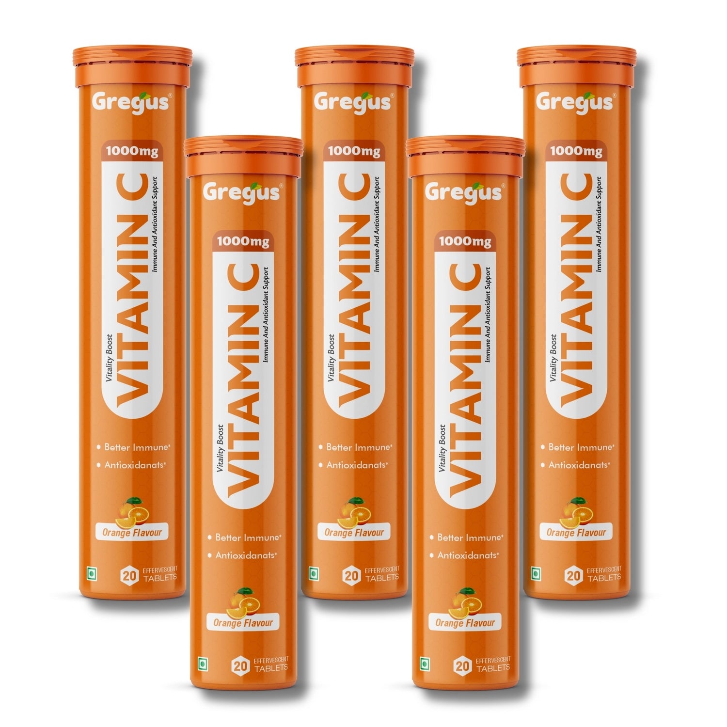 Five tubes of Gregus Vitamin C supplement on a white background